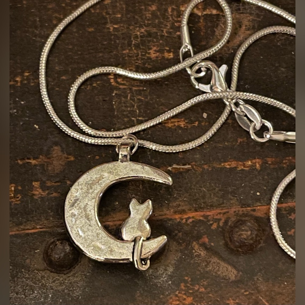 Silver Cat on a Crescent Moon Pendant - Picture 3 of 4